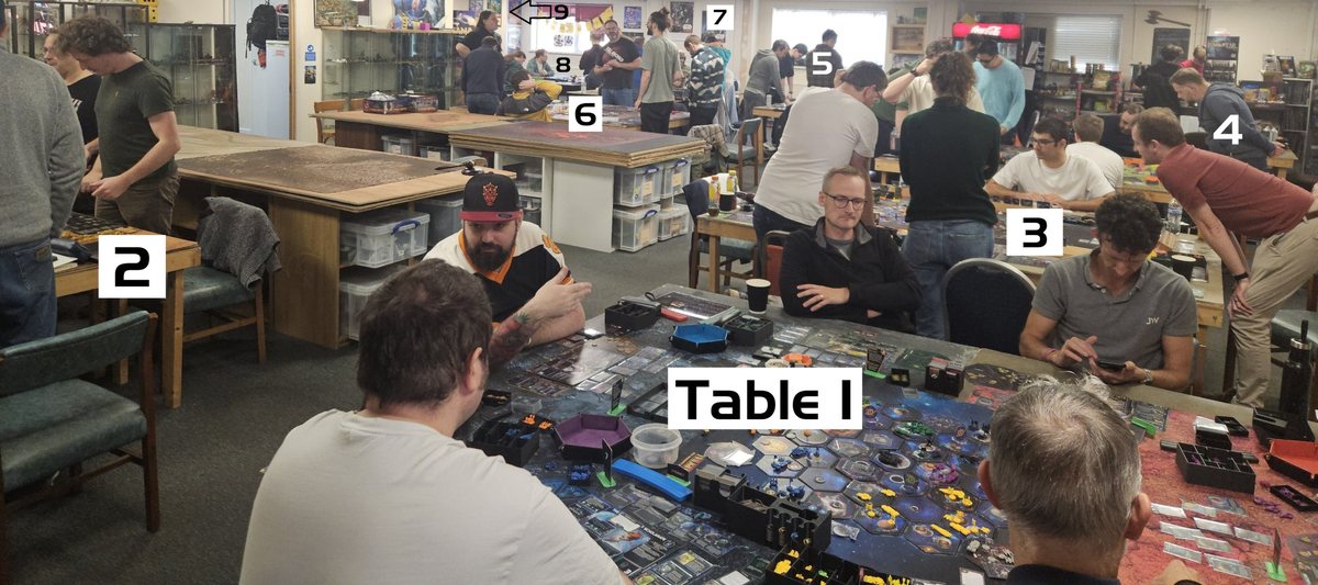 Day 1 at Bristol Independent Gaming, with each of the nine tables numbered