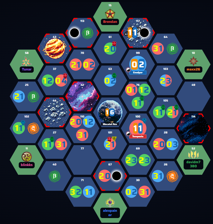 The drafted galaxy layout for Table 7, showing each player's starting position